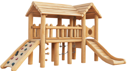 Wooden playground structure with slides and climbing wall on transparent background