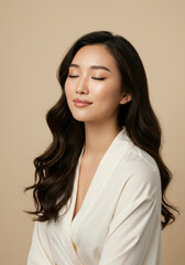 Fototapeta premium Serene Asian Woman with Long, Wavy Dark Hair, Soft Makeup, and Closed Eyes in a Cream-Colored Blouse against a Neutral Beige Background; Beauty, Fashion, and Skincare Concept