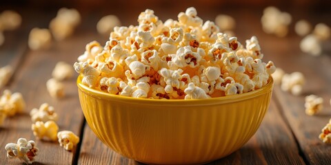 Delicious golden popcorn in a yellow bowl on a wooden table ready for movie night with scattered bits around