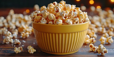 Popcorn in a bright yellow bowl placed on a rustic wooden table surrounded by scattered popcorn kernels at a cozy setting