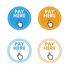 Blue and orange pay here round buttons with a hand clicking on a white background