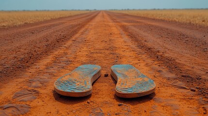 Dusty sandals on red dirt road, savanna background