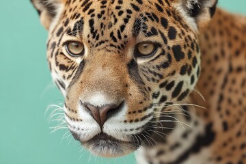 Fototapeta premium Striking close-up of a jaguar showcasing its distinctive fur pattern against a solid background