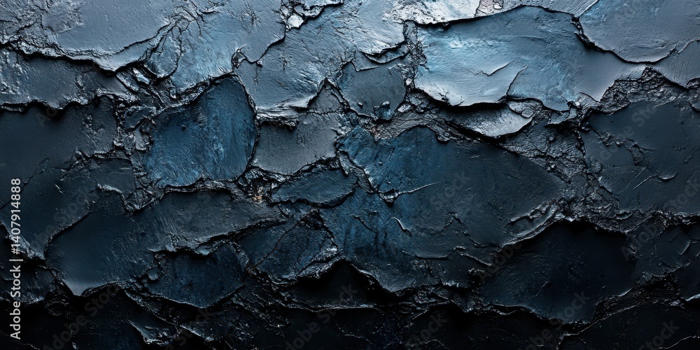 Poster dark textured surface with cracked paint creating an abstract pattern in deep blue tones