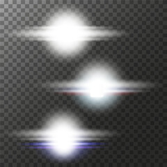 Three horizontal light effects with diverging rays create a feeling of glow and shine. Perfect for adding accents of light, glare and sparkle. EPS10 vector illustration.