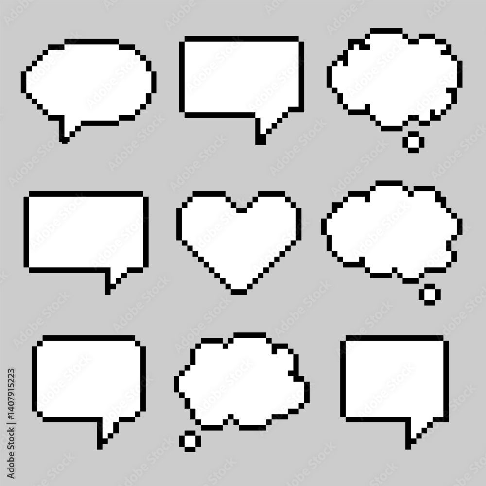 Poster pixel art speech bubble set . pixelated speech and thought bubbles in 8 bit style,perfect for retro 