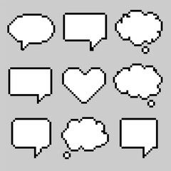 Pixel Art Speech Bubble Set . Pixelated speech and thought bubbles in 8 bit style,perfect for retro game UI design, chat apps, digital stickers, comic templates, pixel art projects.Vector illustration
