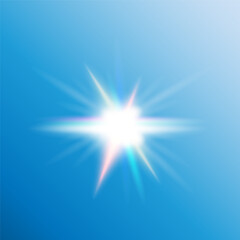 Sunlight, lens flare, star or light explosion effect on blue background. Colors: white, yellow, orange, blue, green and purple. Suitable for adding shine, glow. EPS10 vector illustration.