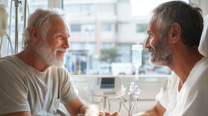 Obraz premium Two elderly men share a warm moment in a hospital room during a sunny afternoon visit
