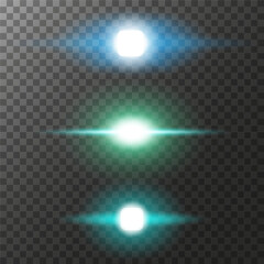 Three square light sources with blue, green, turquoise rays on a transparent background. To add lighting, glare, sparks to the design. Vector illustration EPS10.
