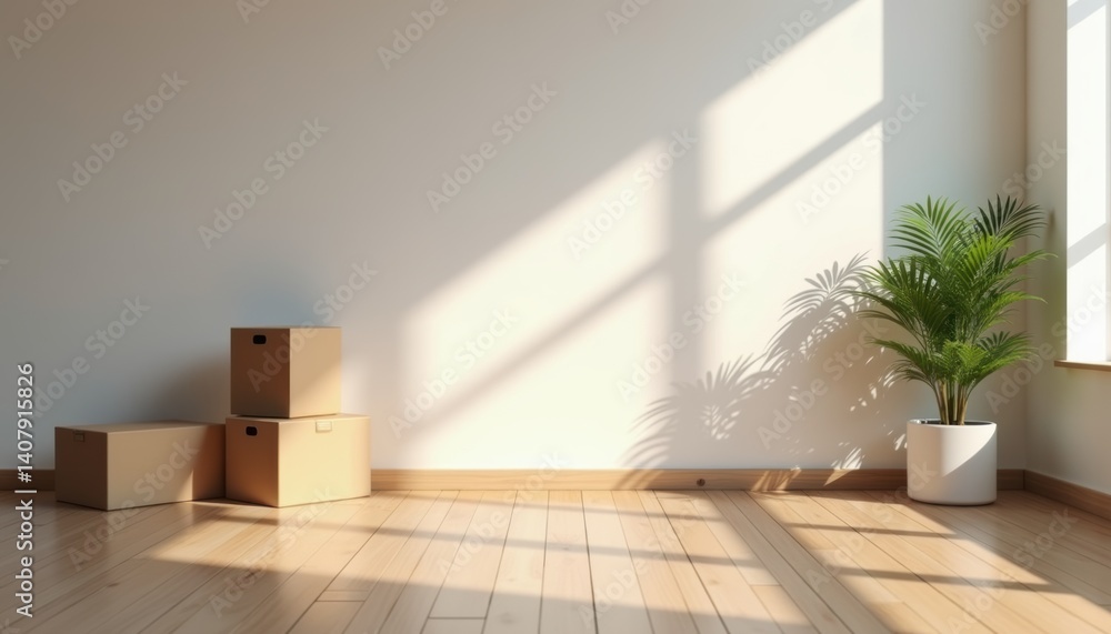 Poster Modern room with sunlight casting shadows on empty space  