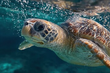 A sea turtle gracefully swims through crystal-clear water, its textured shell adorned with delicate bubbles, captured in stunning high-resolution detail.