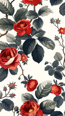 Patr&oacute;n floral del siglo XVIII con hojas y fondo blanco repetido