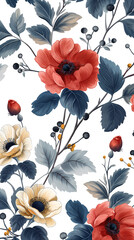 Patrón de flores y hojas inspirado en el siglo XVIII con fondo blanco repetido.