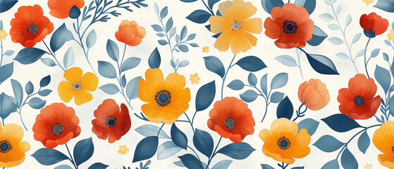Patrón de flores y hojas inspirado en el siglo XVIII con fondo blanco repetido.