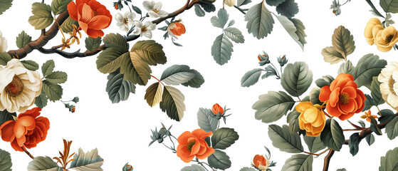 Patrón de flores y hojas inspirado en el siglo XVIII con fondo blanco repetido.