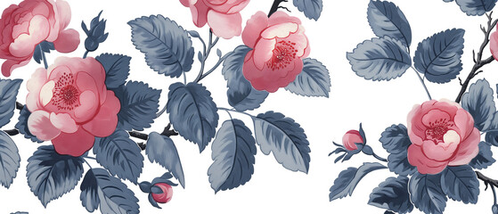 Patrón de flores y hojas inspirado en el siglo XVIII con fondo blanco repetido.