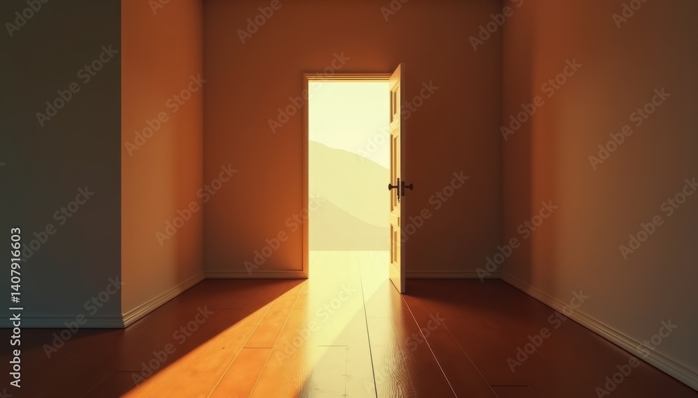 Aufkleber open door casting light in empty room with warm hues