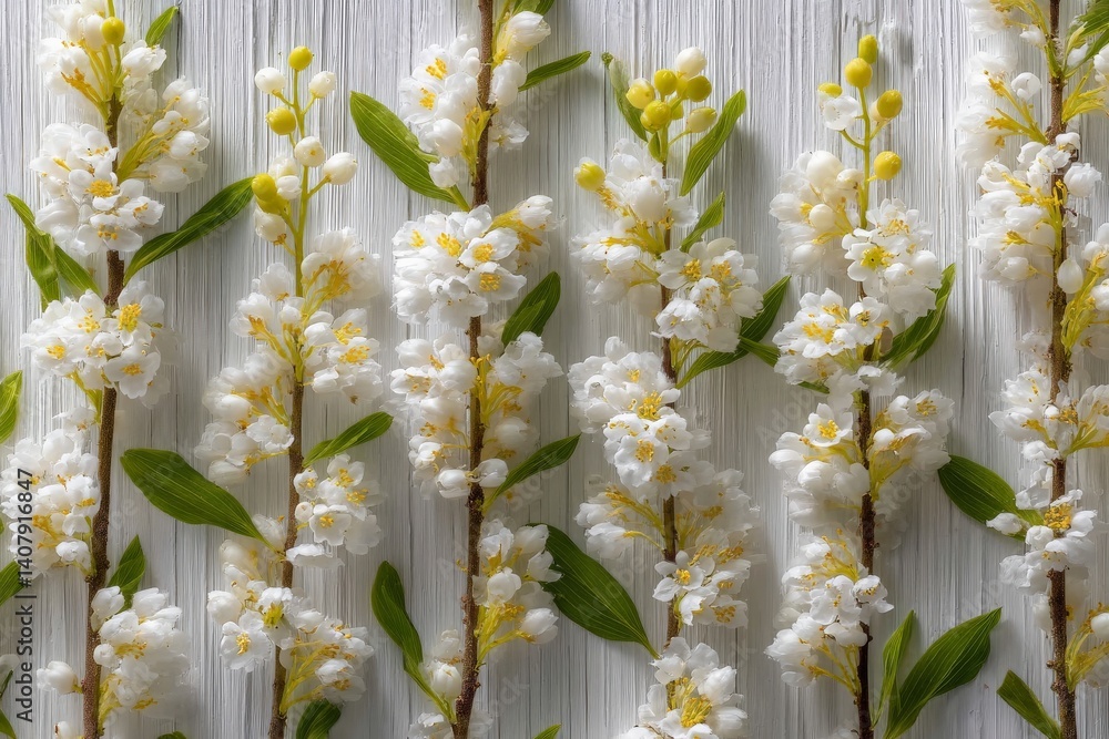 Aufkleber white flowering branches arranged neatly on a textured background create a delicate natural pattern
