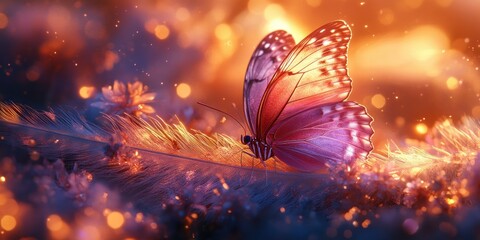 Dreamy Butterfly Resting on Feather with Golden and Purple Bokeh Background for Special Occasion