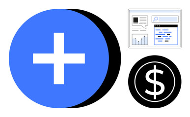 Blue plus sign suggesting expansion, black dollar symbol for finance, and web analytics dashboard. Ideal for business, finance, growth, strategy, investment, digital tools simple landing page