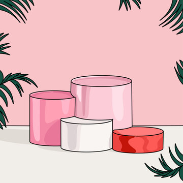 Minimalist Geometry Podium on Pink Background. Product Placement Pedestal With Green Leaves and White Base. Love and Valentines Concept 