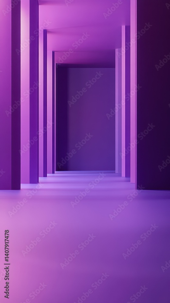 Poster abstract indoor space illuminated in shades of purple featuring columns and a smooth floor in a mini