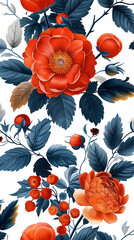 Patrón de flores y hojas inspirado en el siglo XVIII con fondo blanco repetido.