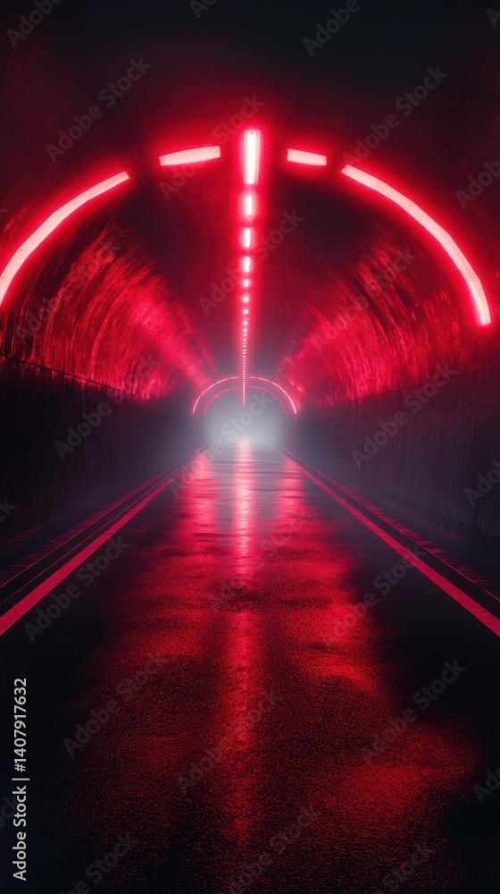 Poster bright red lights illuminate a foggy tunnel creating a mysterious ambiance with reflections on the w