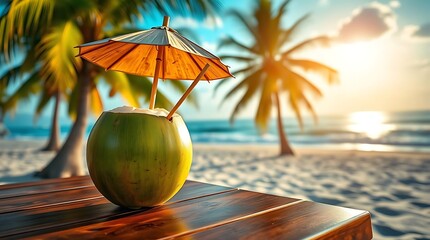 Refreshing Coconut Water on Tropical Beach Table &ndash; Summer Hydration Concept