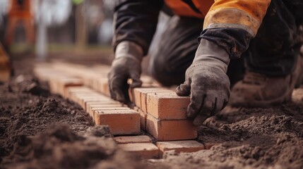 Construction worker laying bricks for a building foundation. Featuring skilled masonry and precise laying