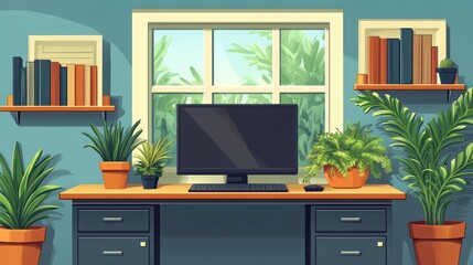 Bright Home Office with Green Plants and Modern Computer Setup