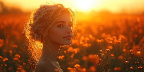 Naklejka premium Golden Hour Serenity in a Countryside Field with a Young Woman Embracing Natural Beauty and Mindfulness