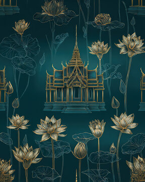 Golden Thai temple with lotus flowers, intricate line art, dark teal background