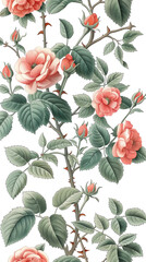 Patrón floral del siglo XVIII con hojas y fondo blanco repetido