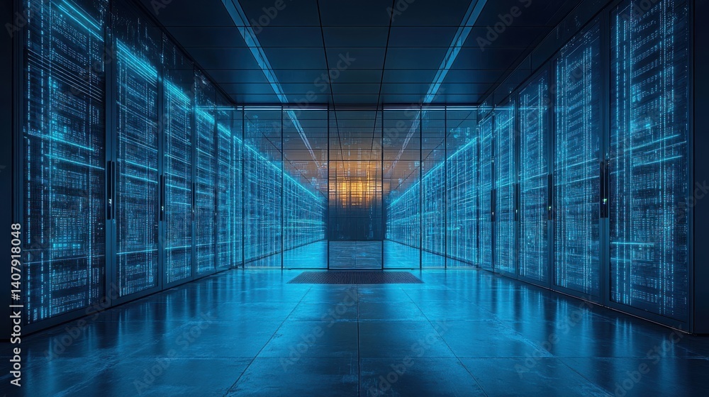 Aufkleber digital data stream abstract representation of a massive data center showcasing glowing blue streams of data flowing across a wall of servers the image evokes a sense of speed innovation,stock photo