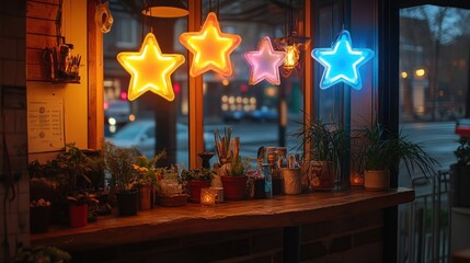 Neon stars illuminate cozy cafe window at night