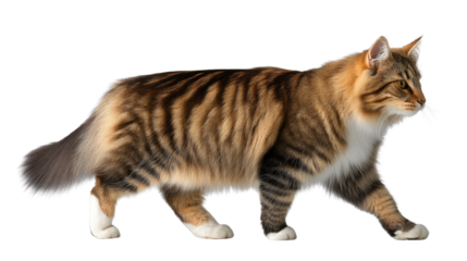 Majestic Cat's Promenade: A striking Norwegian forest cat, with its long, flowing fur, gracefully moves forward in profile, presenting a picture of feline elegance.