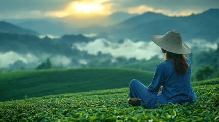Woman meditates in misty sunrise tea plantation