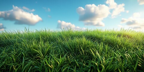 Fototapeta premium Green grass field under a bright sky with fluffy clouds during a sunny day