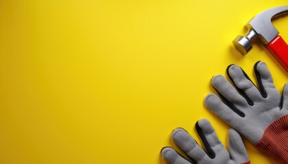 Tools and gloves on a bright yellow background for DIY projects  