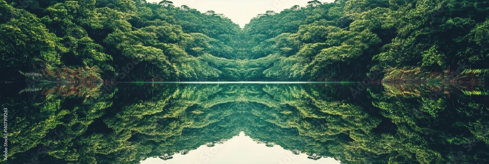 Poster symmetric mirror reflection of a dense forest in calm water showcasing natural beauty and tranquilit