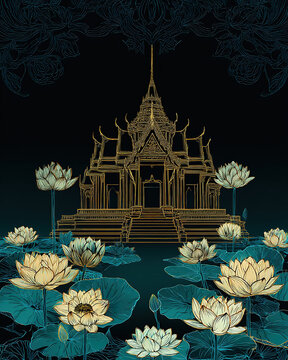 Golden Thai temple with lotus flowers, intricate line art, dark teal background