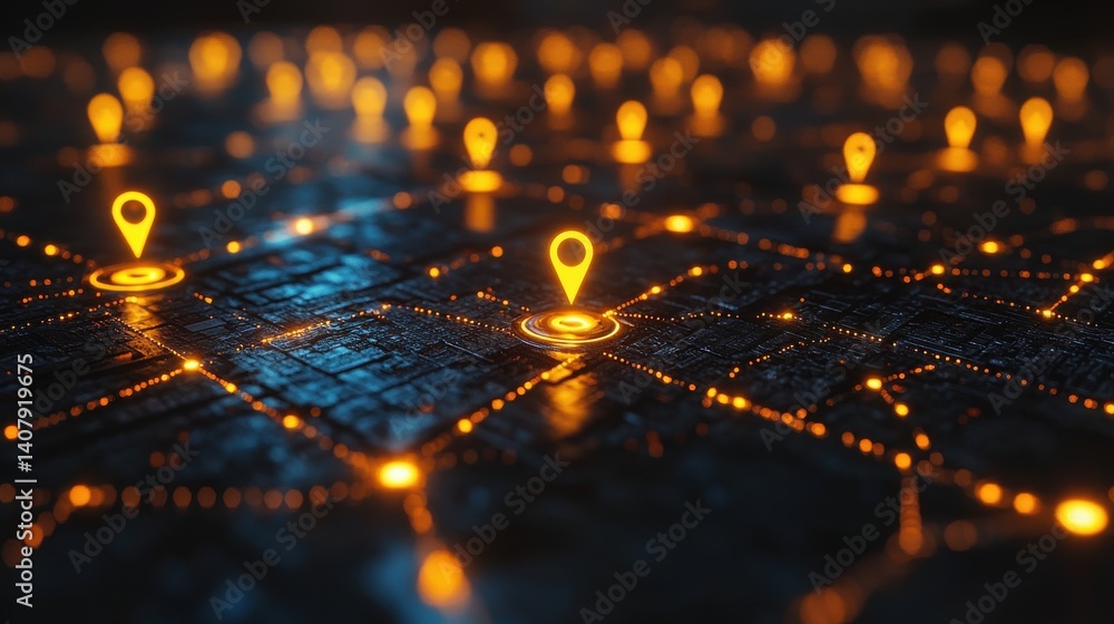 Aufkleber digital map,glowing location pins futuristic technology network connections