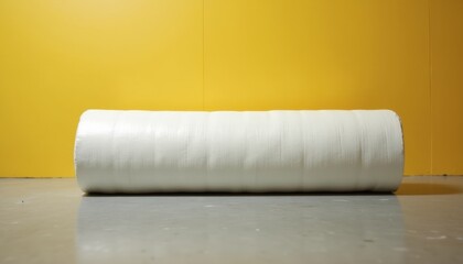 White roller with packaging material against a yellow background  