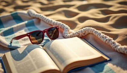 Casual beach snapshot with sunglasses and a book on a warm sand towel, summer vibe