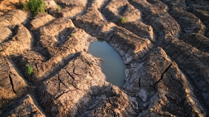 Cracked soil during drought with small puddle reflecting blue sky