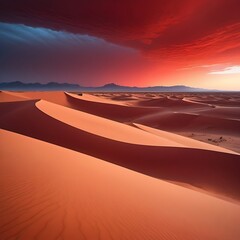 A surreal desert landscape with massive sand dunes , beneath a blood-red sky.