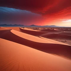 A surreal desert landscape with massive sand dunes , beneath a blood-red sky.