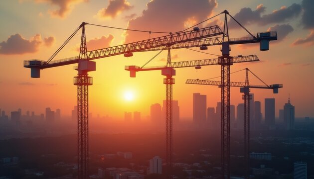 Construction cranes silhouetted against a sunset skyline  